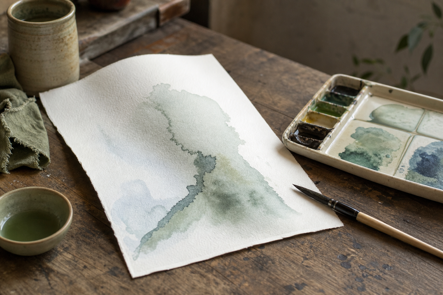 Aquarelverf, penseel en een vel papier met lichte golving op een houten werktafel