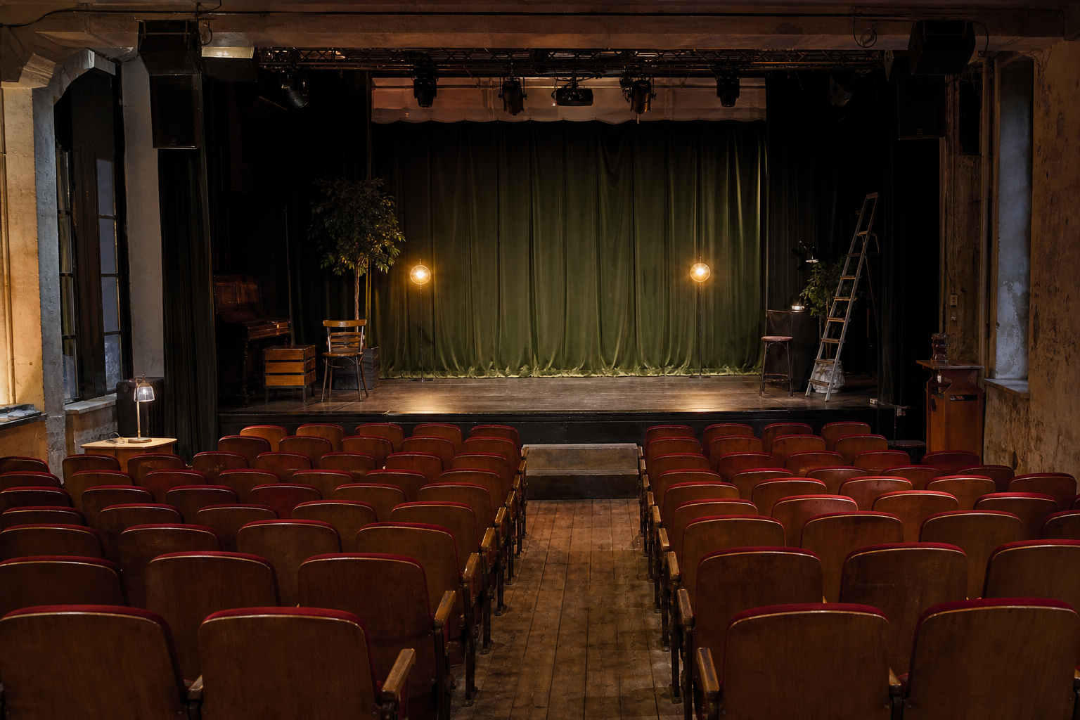 Klein theater met houten stoelen en een mosgroen toneeldoek voor aanvang