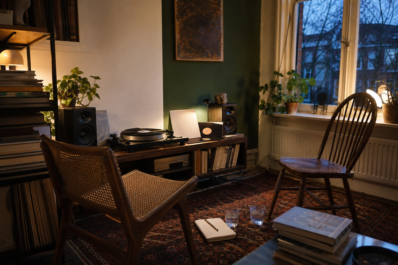 Huiskamer met platenspeler, luidsprekers, twee stoelen en een notitieboek bij avondlicht