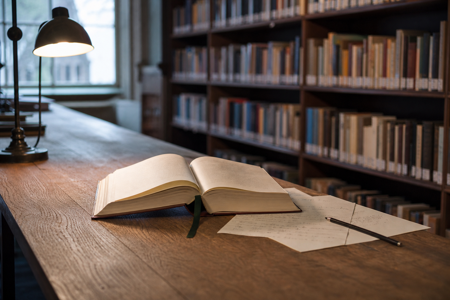 Open boek met aantekeningen en potlood op een houten bibliotheektafel