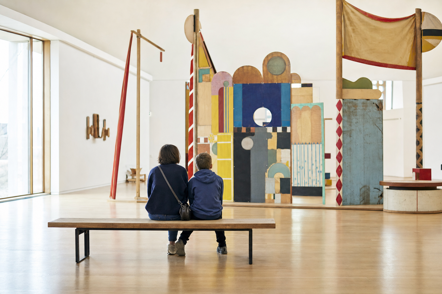 Volwassene en kind bekijken samen een kleurrijke houten installatie in een museum